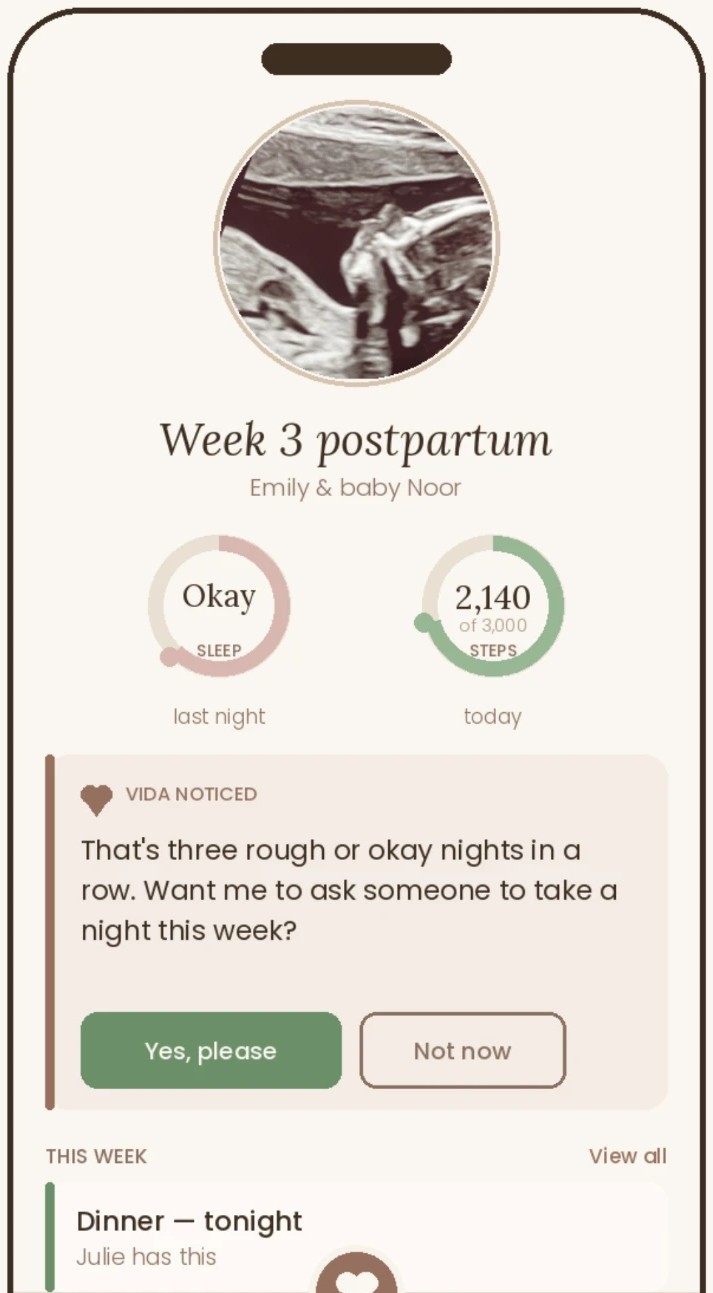 A phone showing a daily overview with sleep and steps and a prompt to ask someone to take a night